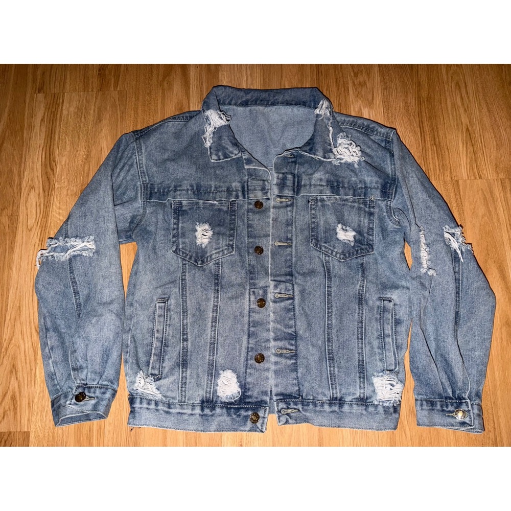 Womens Distressed Denim Trucker Jacket Medium Wash Ripped Jean Coat Large